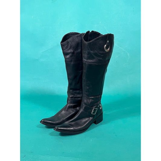 Vintage Y2K Black Leather Calf Length Zip Up Straboski Buck Western Biker Cowboy Boots size 38