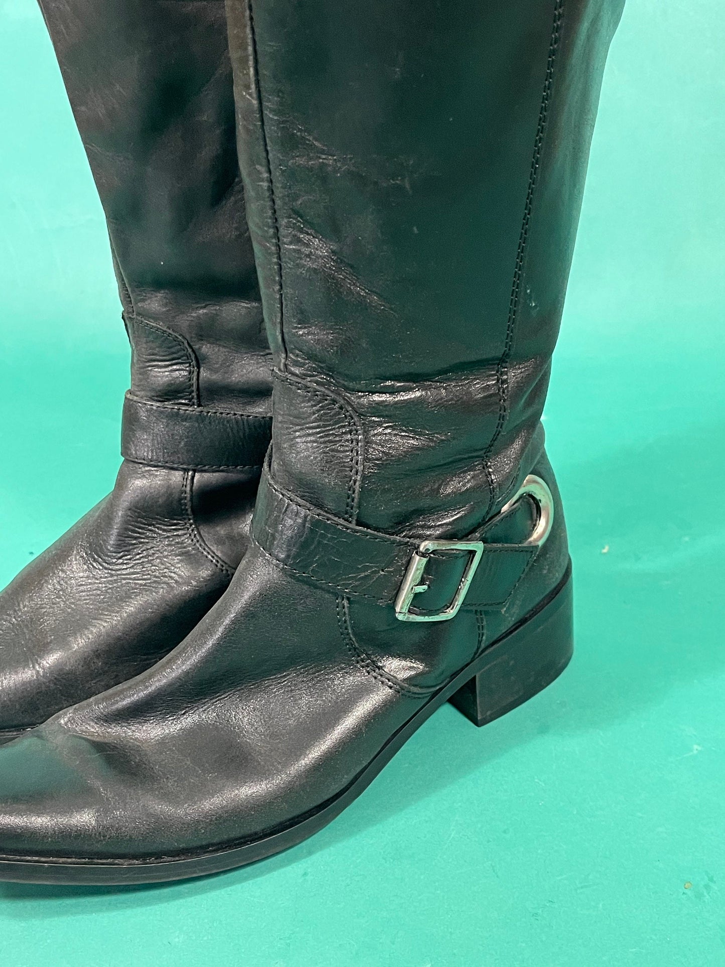 Vintage Y2K Black Leather Calf Length Zip Up Straboski Buck Western Biker Cowboy Boots size 38