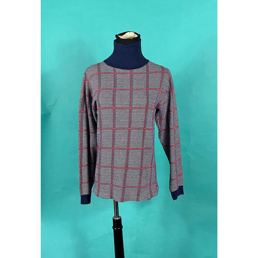 Vintage 70s Navy and Red Plaid Long Sleeve Cuffed Donmoor Mock neck Turtleneck size Medium