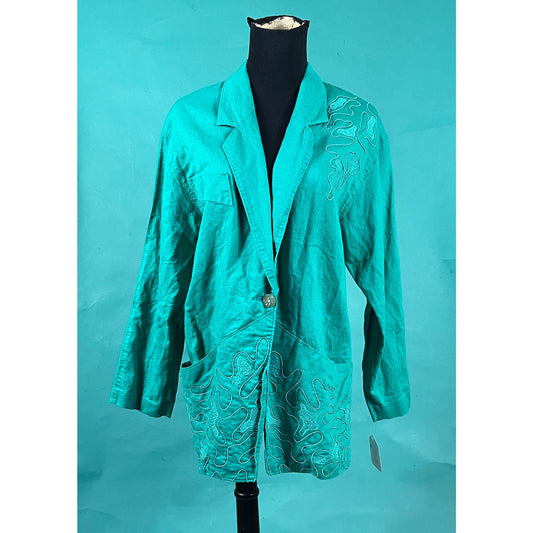 Vintage 90s Teal Swirl Embroidered Applique Collared Pocketed Marianna Pullover Blazer size 3
