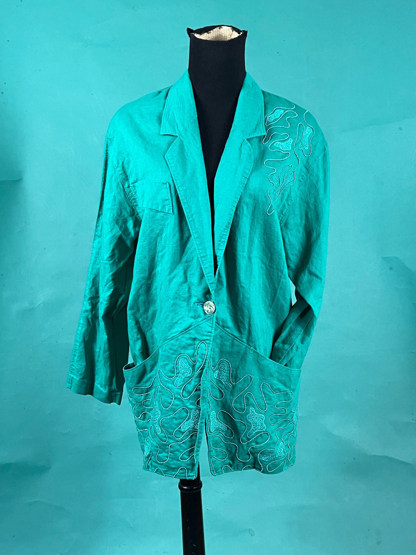 Vintage 90s Teal Swirl Embroidered Applique Collared Pocketed Marianna Pullover Blazer size 3