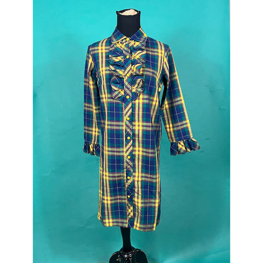 Vintage 60s Plaid Collared Button Up Long Sleeve Young Junior Ruffled Tuxedo Union Made Dress size 9