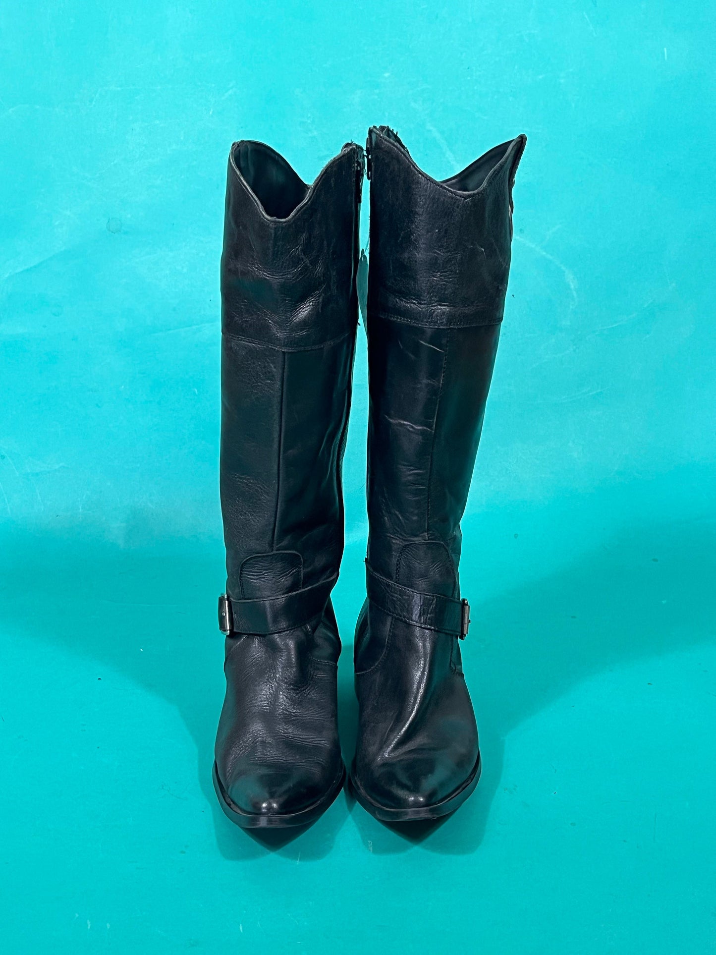 Vintage Y2K Black Leather Calf Length Zip Up Straboski Buck Western Biker Cowboy Boots size 38