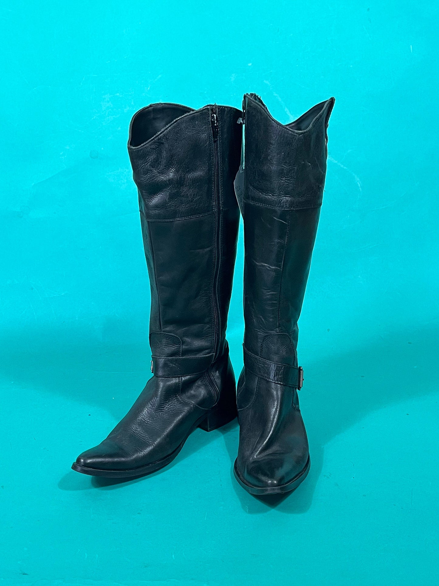 Vintage Y2K Black Leather Calf Length Zip Up Straboski Buck Western Biker Cowboy Boots size 38