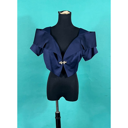 Vintage 80s Navy Formal Evening Off The Shoulder Cropped Rhinestone Hook Closure Alex Evenings Dress Top Size Medium Large