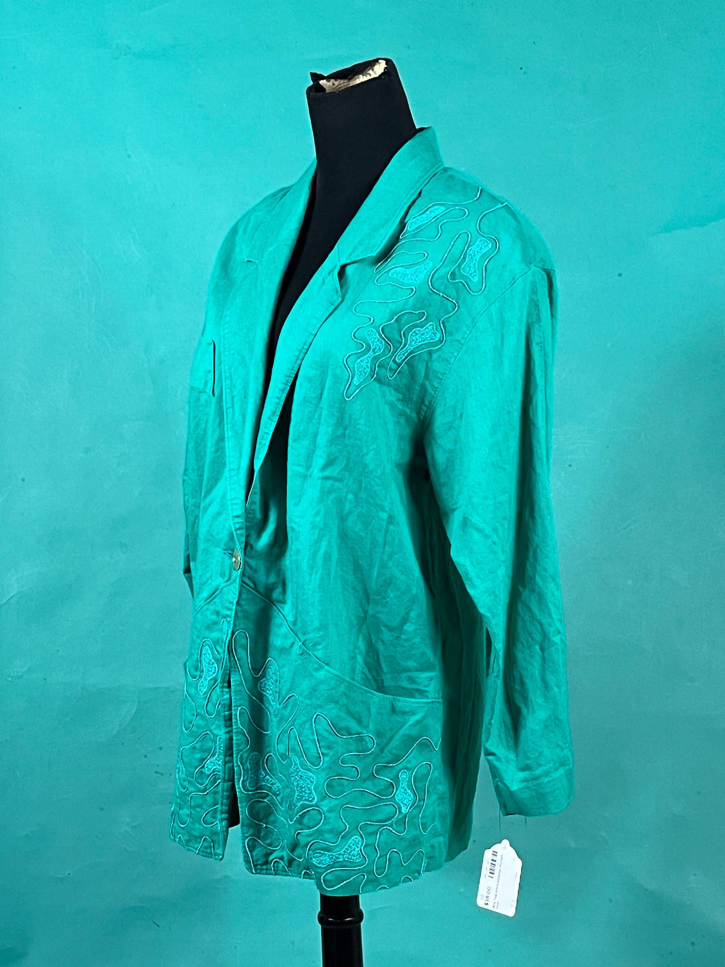 Vintage 90s Teal Swirl Embroidered Applique Collared Pocketed Marianna Pullover Blazer size 3