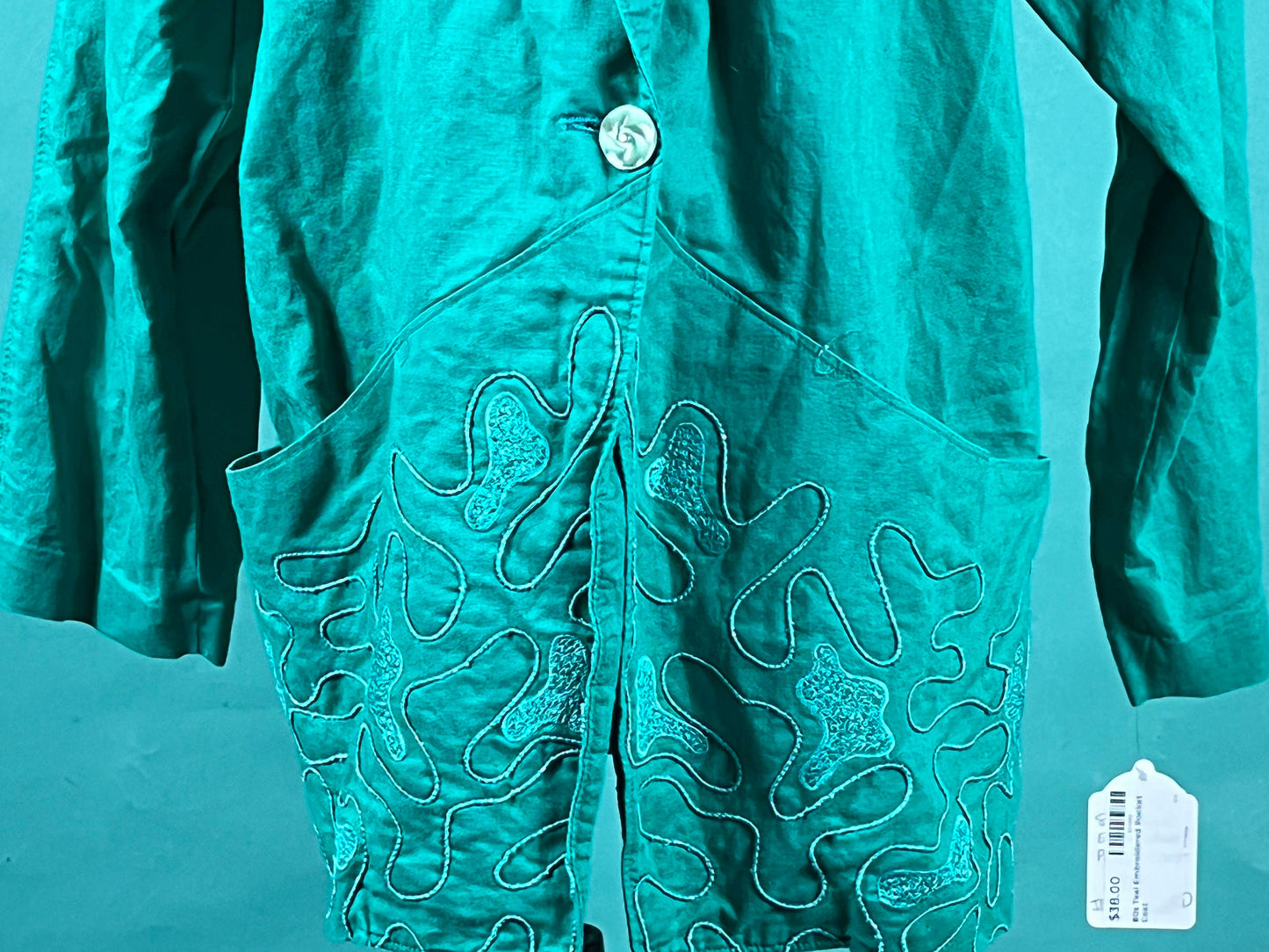 Vintage 90s Teal Swirl Embroidered Applique Collared Pocketed Marianna Pullover Blazer size 3