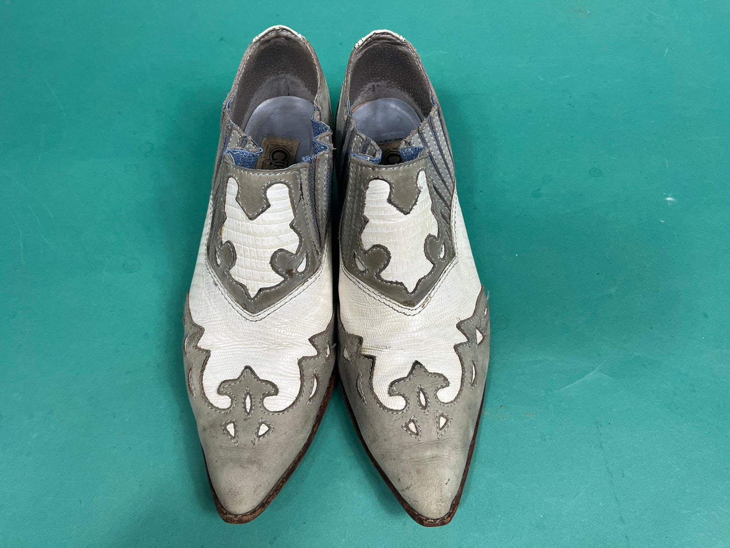 Vintage 80s Grey and White Leather and Suede Two Tone Western Circle S Ankle Boots Women's size 8