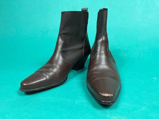 Vintage 80s Chocolate Brown Leather Upper Kitten Heeled Elastic Nicole Womens High Ankle Boot size 7.5 M