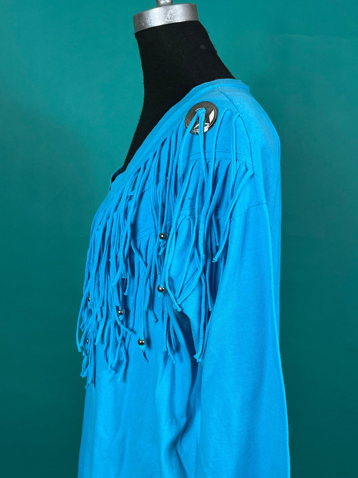 Vintage 90s Cyan Blue Beaded Tassel Country Western V Neck Batwing Quarter Sleeve Top