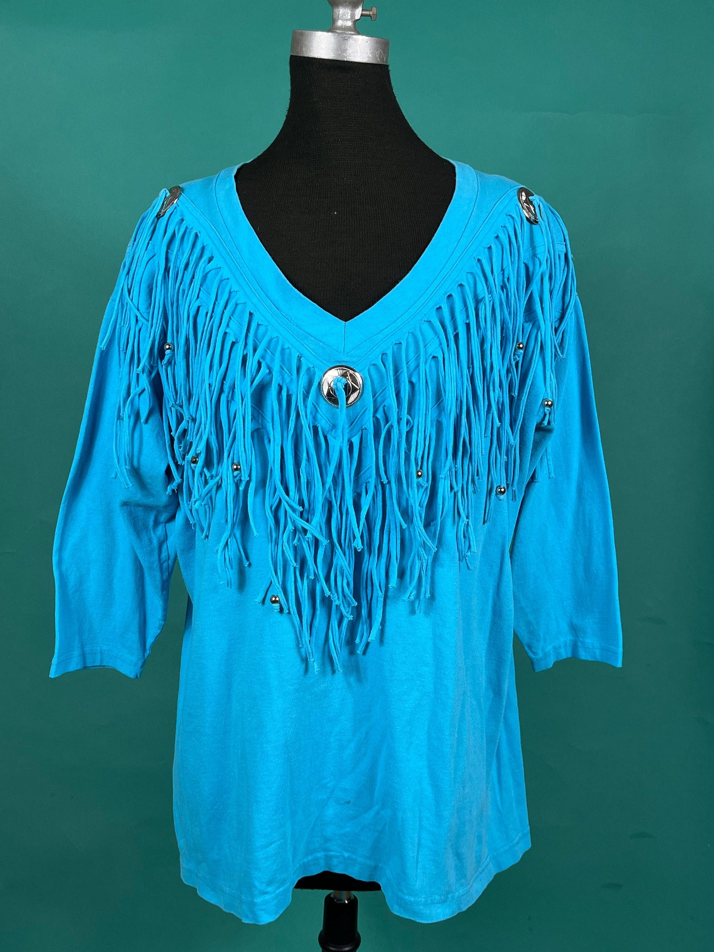 Vintage 90s Cyan Blue Beaded Tassel Country Western V Neck Batwing Quarter Sleeve Top