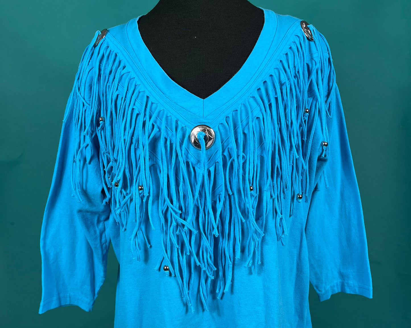 Vintage 90s Cyan Blue Beaded Tassel Country Western V Neck Batwing Quarter Sleeve Top