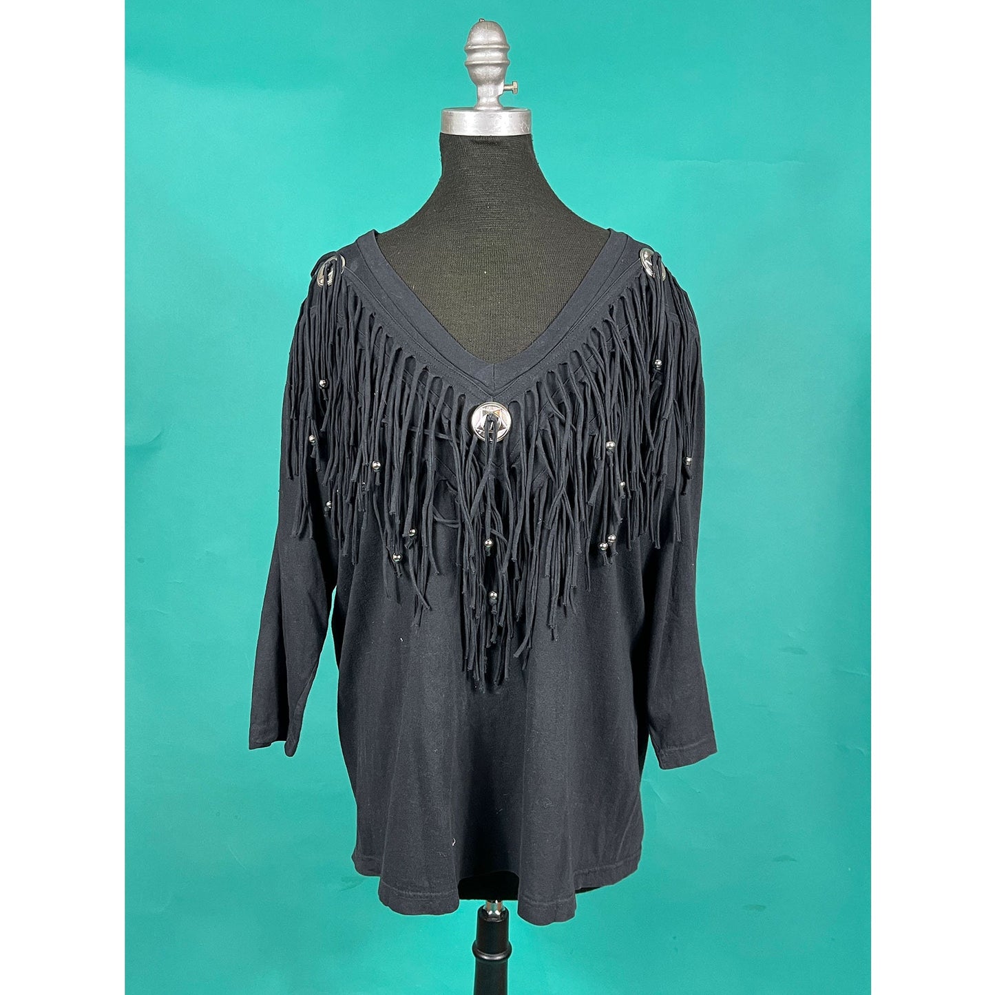 Vintage 90s Concho Black Beaded Tassel Country Western V Neck Batwing Quarter Sleeve Top