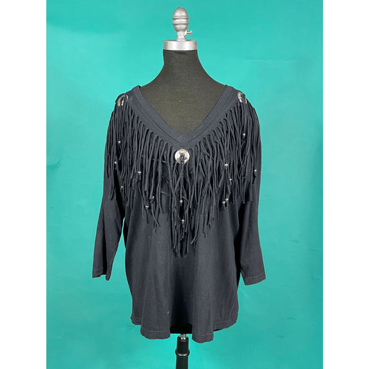 Vintage 90s Concho Black Beaded Tassel Country Western V Neck Batwing Quarter Sleeve Top
