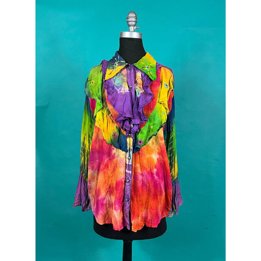 Vintage 90s Colorful Tie Dye Embroidered Mirror Long Bell Sleeve Button Up Ruffled Collar Boho Hippie Joujou Blouse size Large