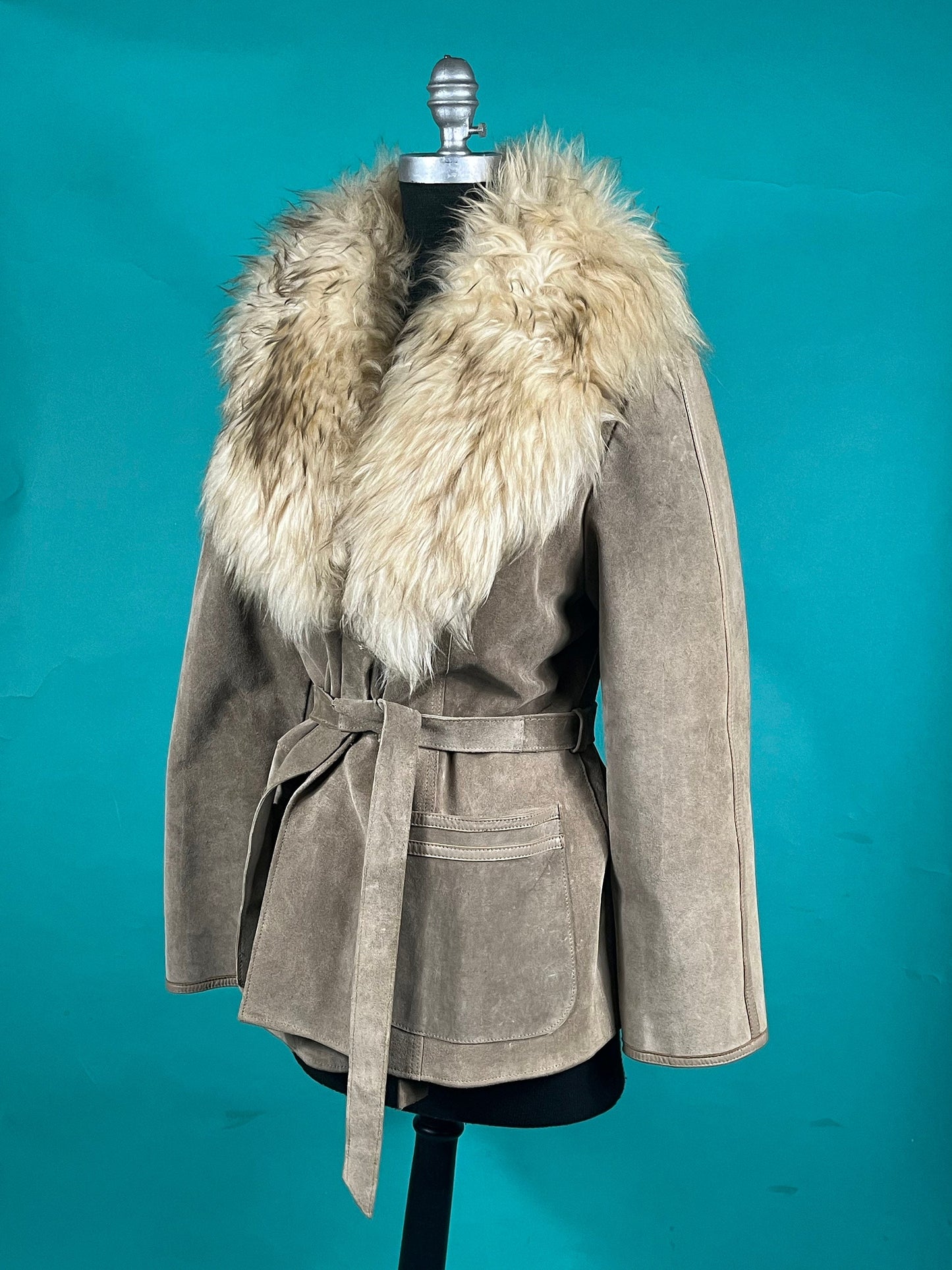 Vintage 70s UK Tan Suede and Lamb Fur Collared Pocket Belted Penny Lane Coat size Medium