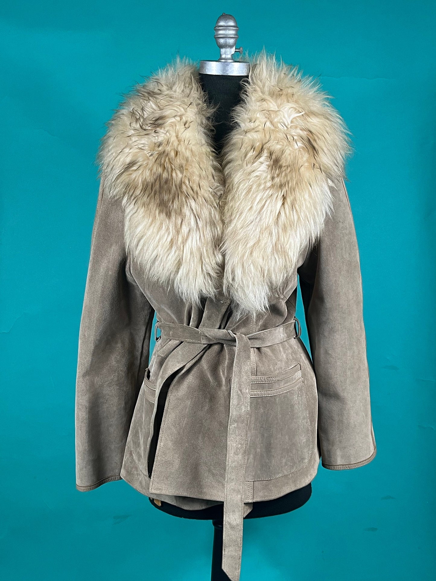 Vintage 70s UK Tan Suede and Lamb Fur Collared Pocket Belted Penny Lane Coat size Medium