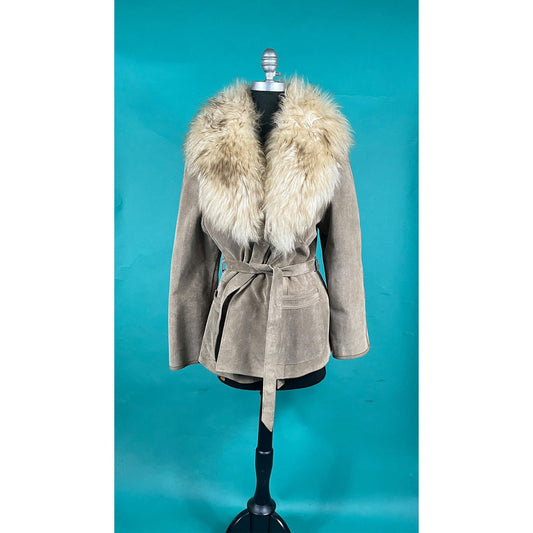 Vintage 70s UK Tan Suede and Lamb Fur Collared Pocket Belted Penny Lane Coat size Medium