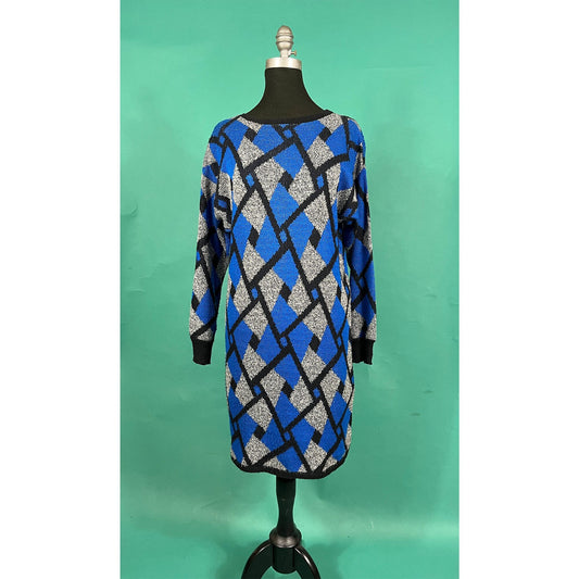 Vintage 80s Blue Peppered and Black Long Sleeve Geometric Abstract Shape Retro Knit Fritzi Sweater Dress size Small