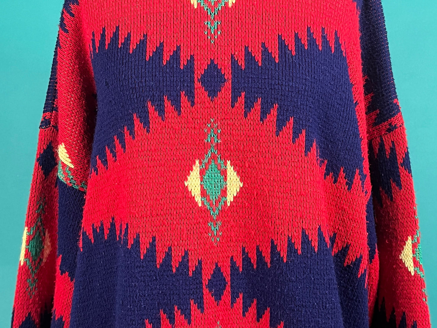 Vintage 70s Southwestern Long Sleeve Bright Knit Crew Neck Pullover Sweater size Large