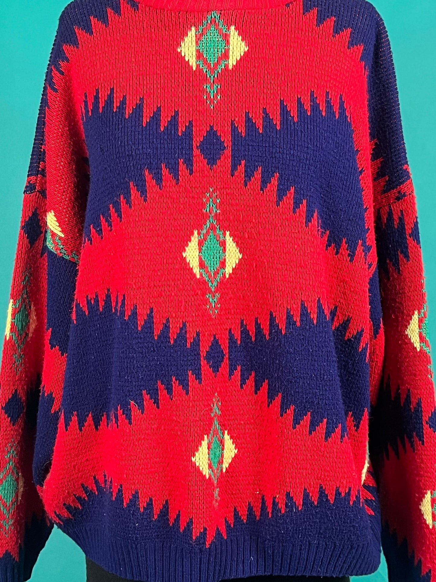 Vintage 70s Southwestern Long Sleeve Bright Knit Crew Neck Pullover Sweater size Large