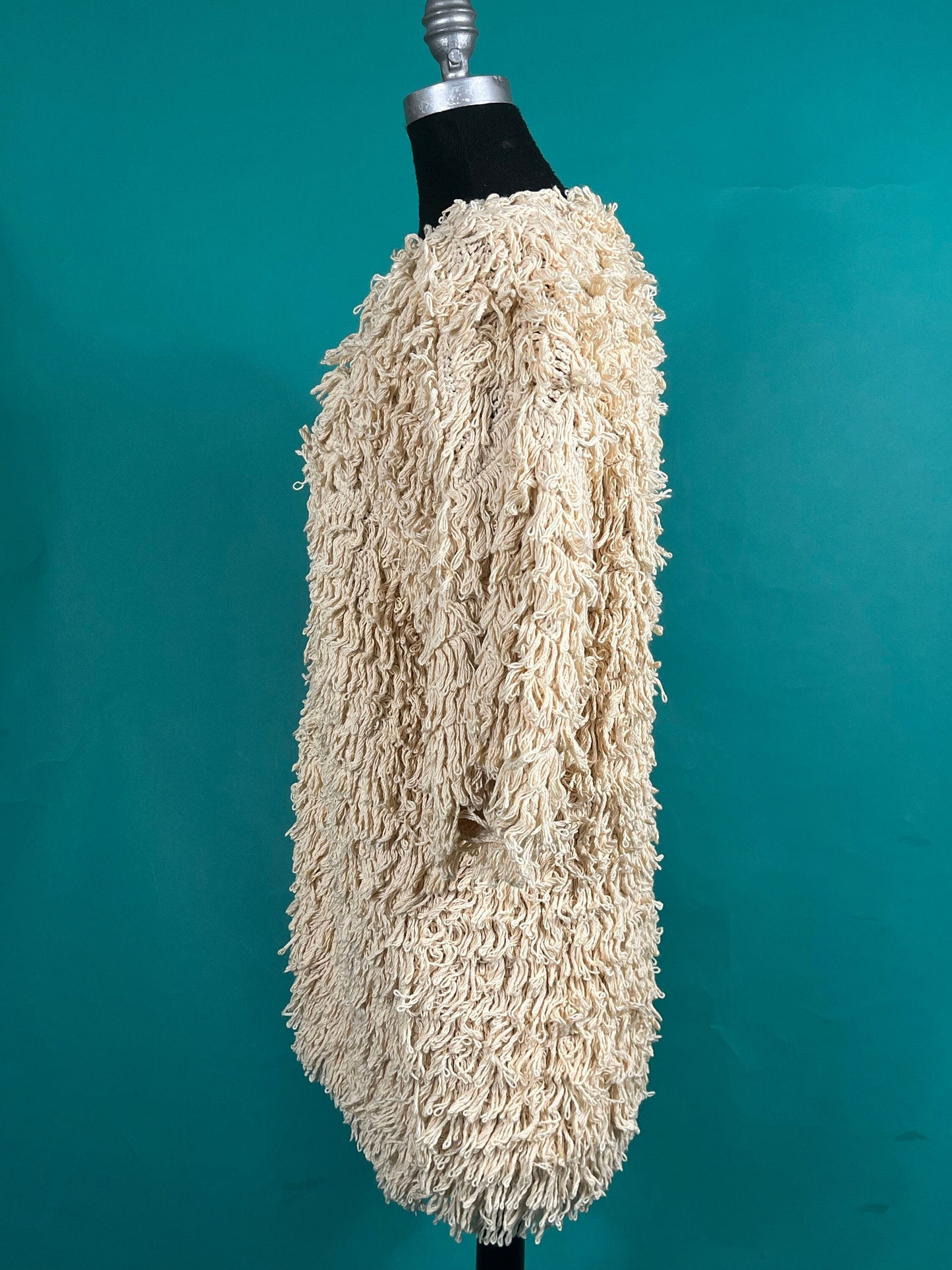 Vintage 70s Quarter Sleeve Crochet Knit Mini Shag Button Up Boho Andrea by Danimel Winter Pullover Coat Jacket size Large