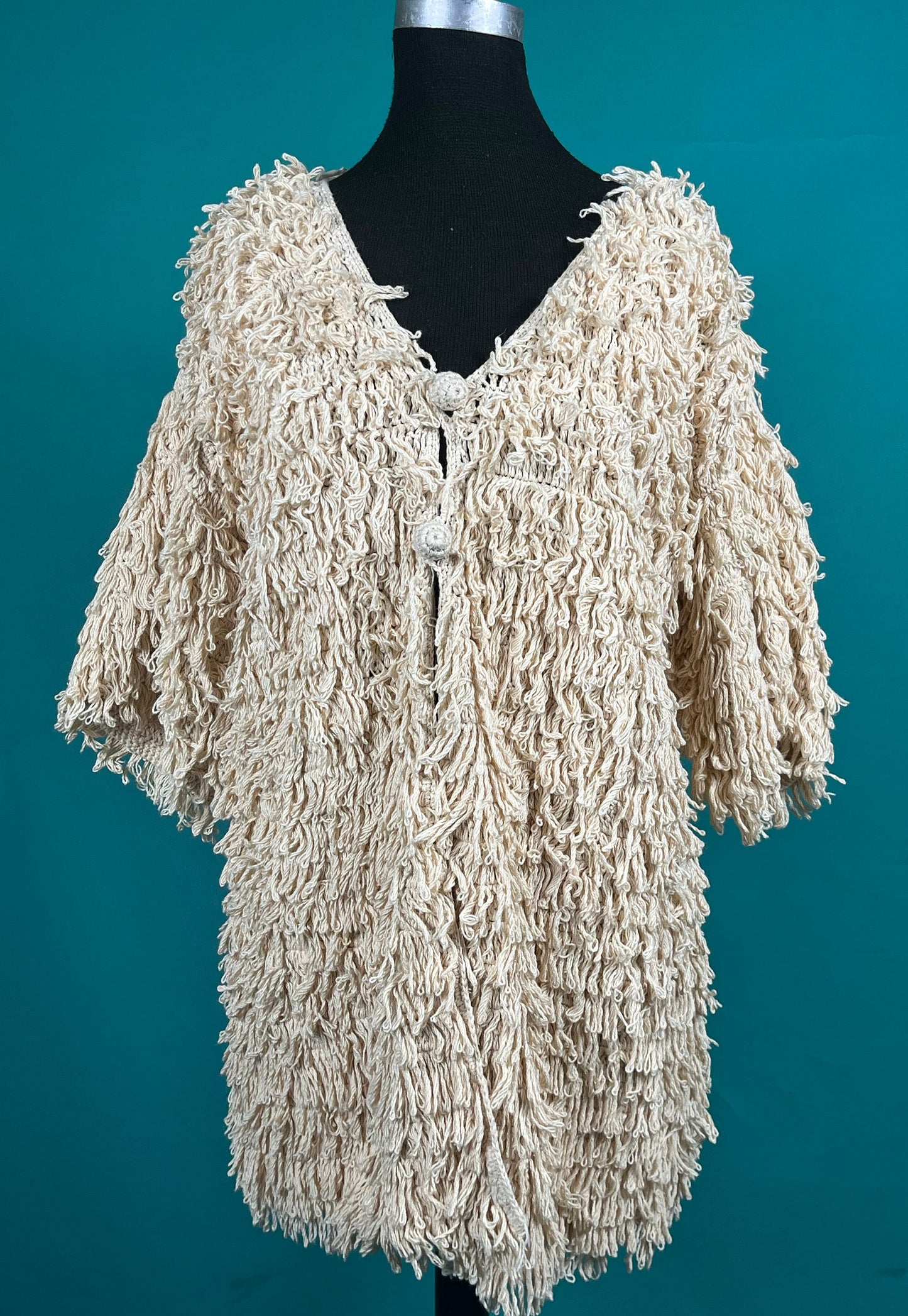 Vintage 70s Quarter Sleeve Crochet Knit Mini Shag Button Up Boho Andrea by Danimel Winter Pullover Coat Jacket size Large