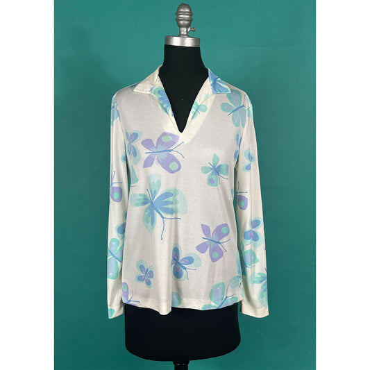 Vintage 70s Pastel Big Butterfly All Over Novelty Print Long Sleeve V Neck Collared Ugna Blouse size 10