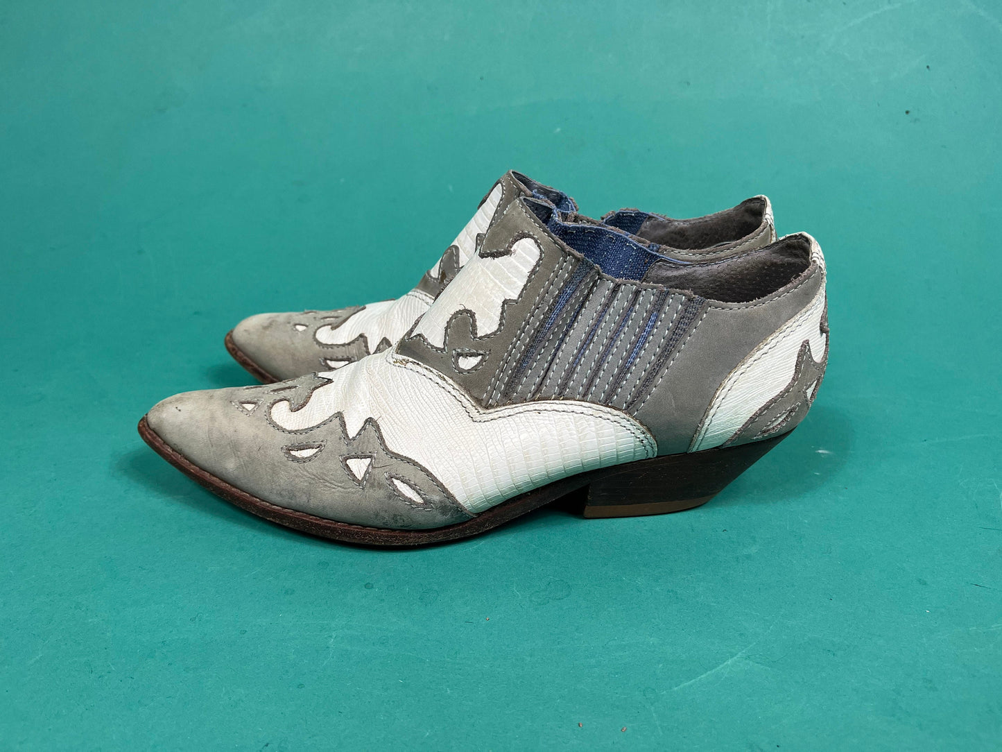 Vintage 80s Grey and White Leather and Suede Two Tone Western Circle S Ankle Boots Women's size 8