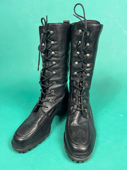 Vintage 80s Black Butter Leather Lace Up Chunk Sole Enzo Angiolini Combat Calf Length Boots size 8.5