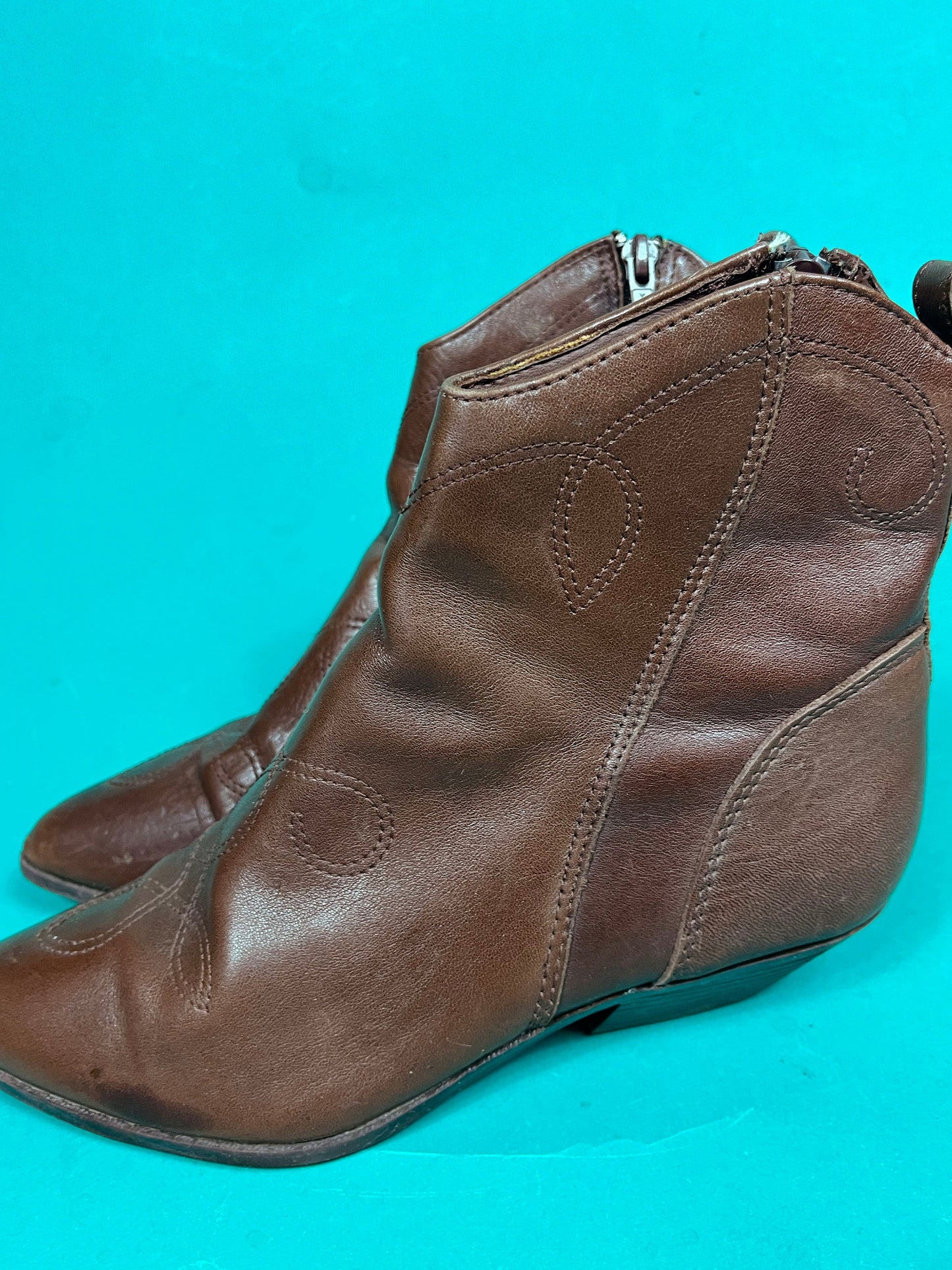Vintage 80s Brown Embroidered Heeled Zip Up Western Ankle Maine Woods Boots size 6 and a half