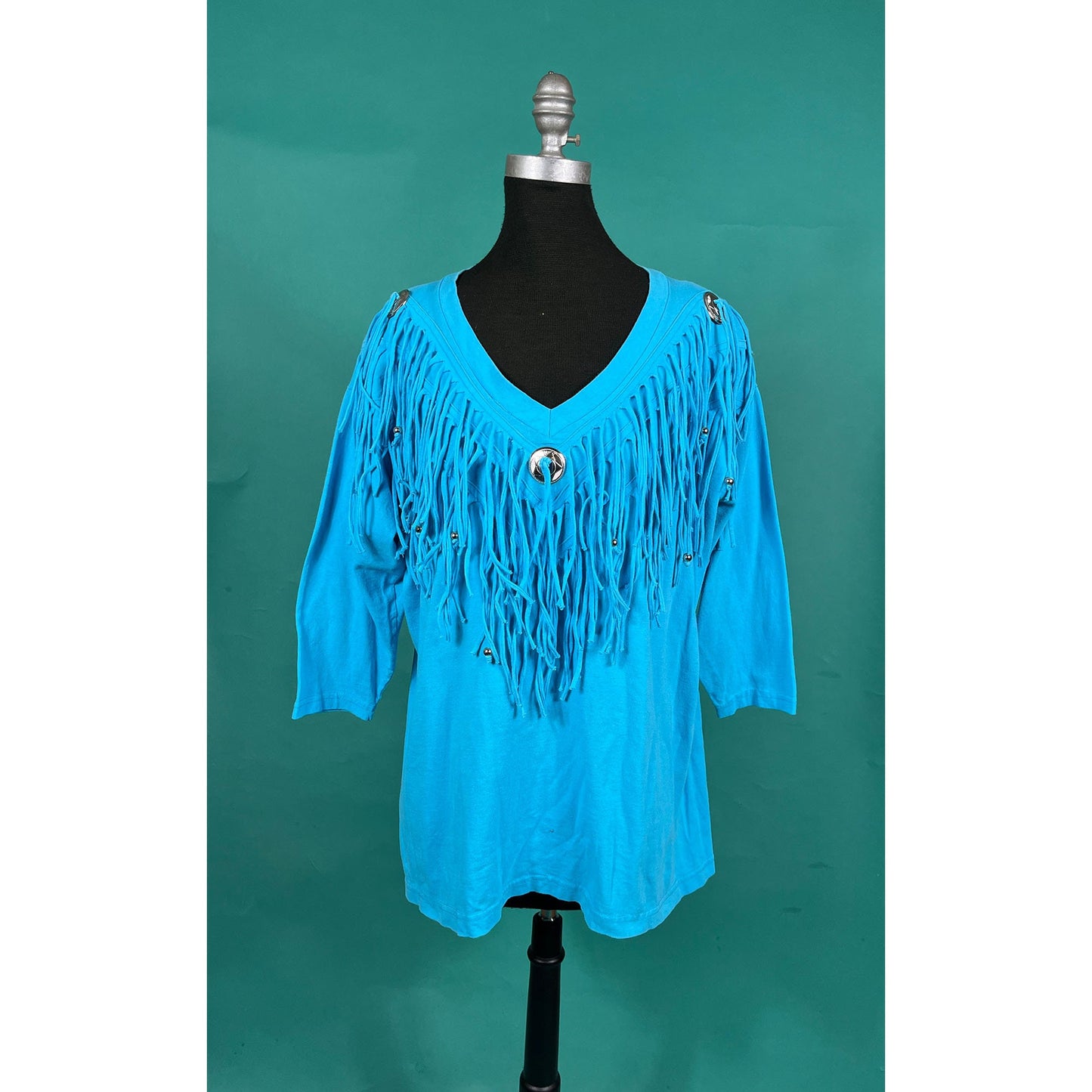 Vintage 90s Cyan Blue Beaded Tassel Country Western V Neck Batwing Quarter Sleeve Top