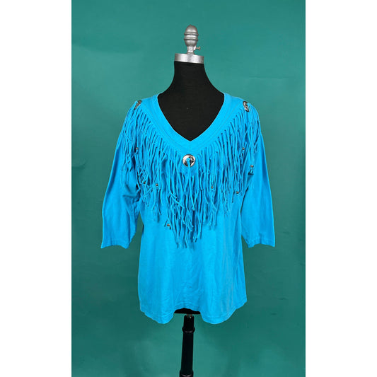 Vintage 90s Cyan Blue Beaded Tassel Country Western V Neck Batwing Quarter Sleeve Top
