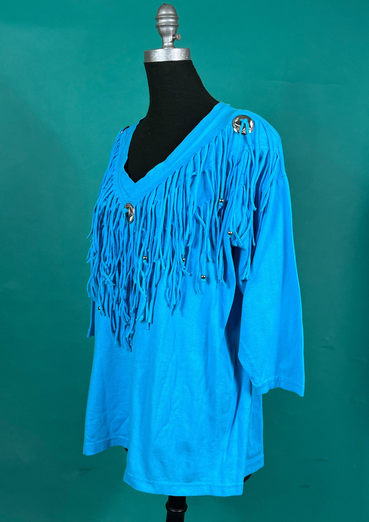 Vintage 90s Cyan Blue Beaded Tassel Country Western V Neck Batwing Quarter Sleeve Top