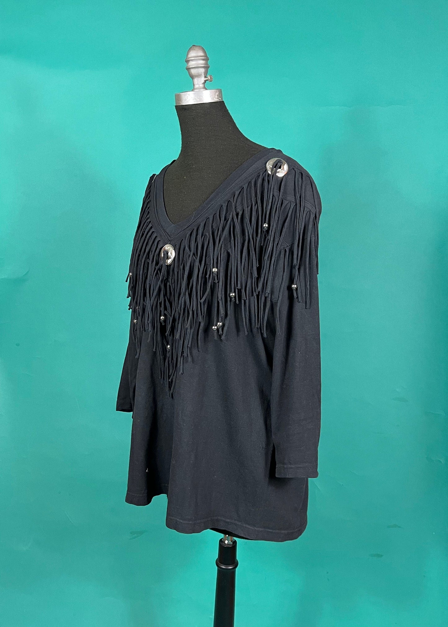 Vintage 90s Concho Black Beaded Tassel Country Western V Neck Batwing Quarter Sleeve Top