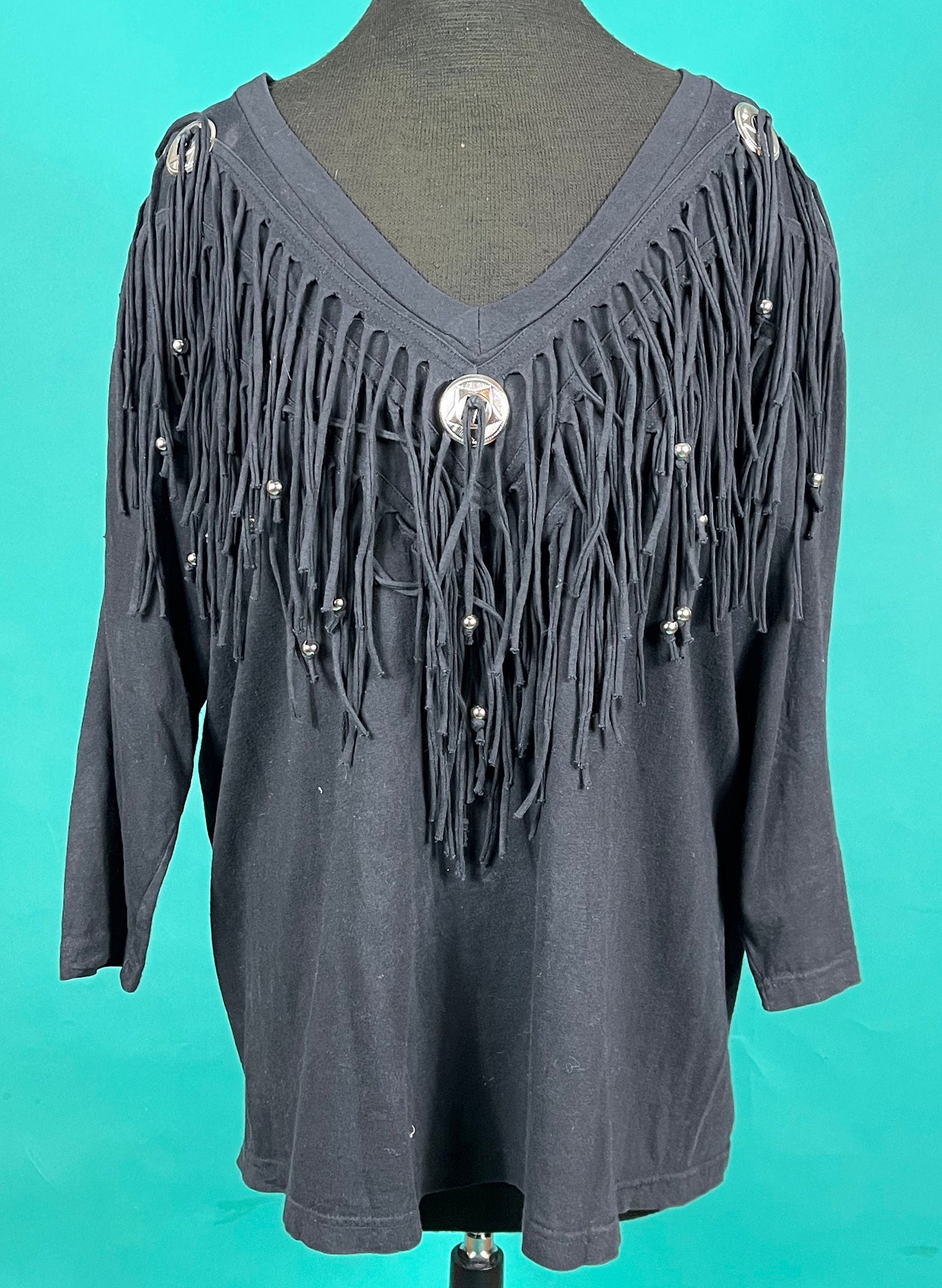 Vintage 90s Concho Black Beaded Tassel Country Western V Neck Batwing Quarter Sleeve Top