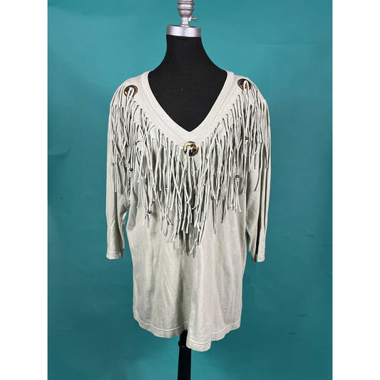Vintage 90s Bronze Concho Pistachio Green Beaded Tassel Country Western V Neck Batwing Quarter Sleeve Top