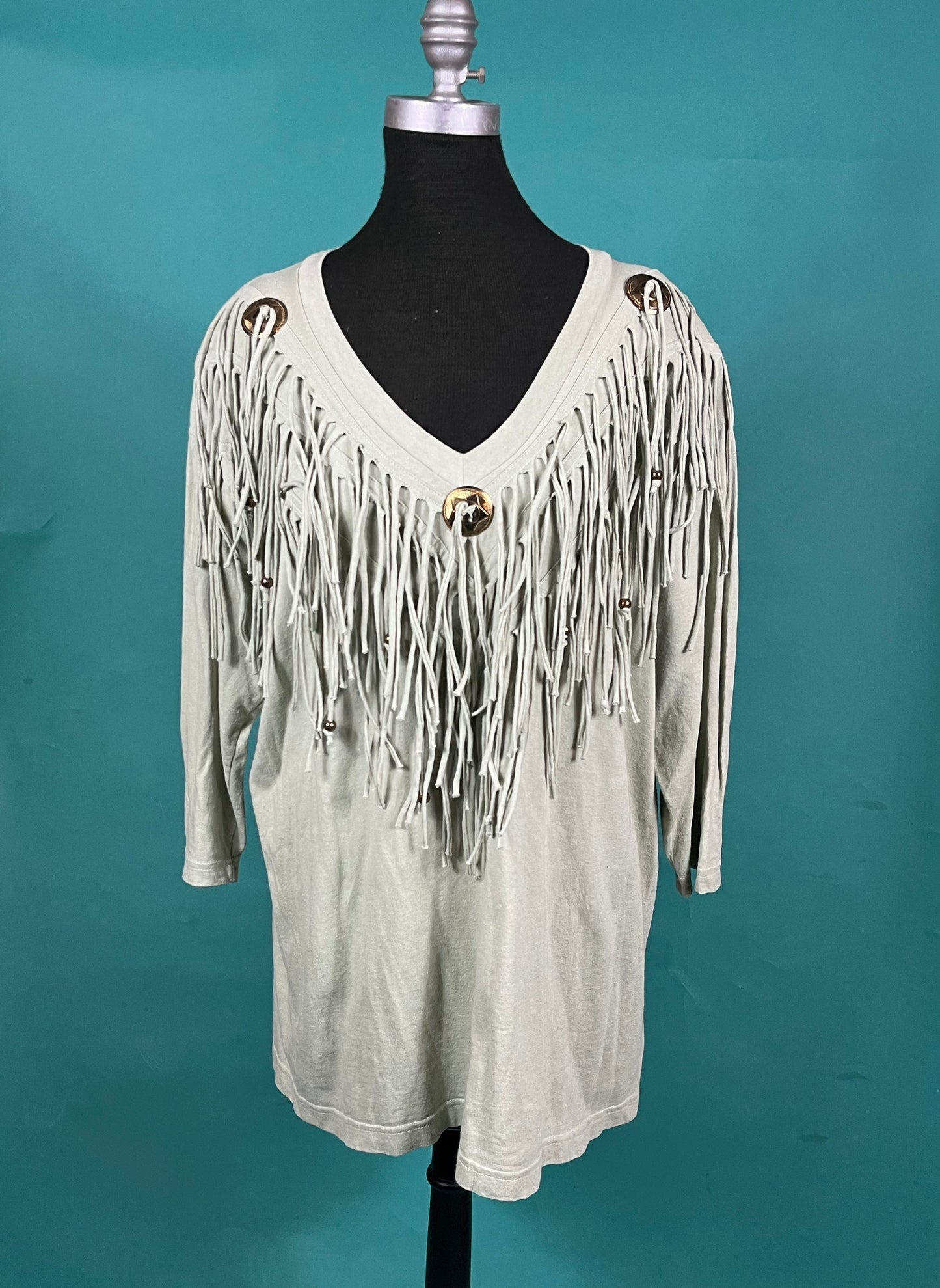 Vintage 90s Bronze Concho Pistachio Green Beaded Tassel Country Western V Neck Batwing Quarter Sleeve Top