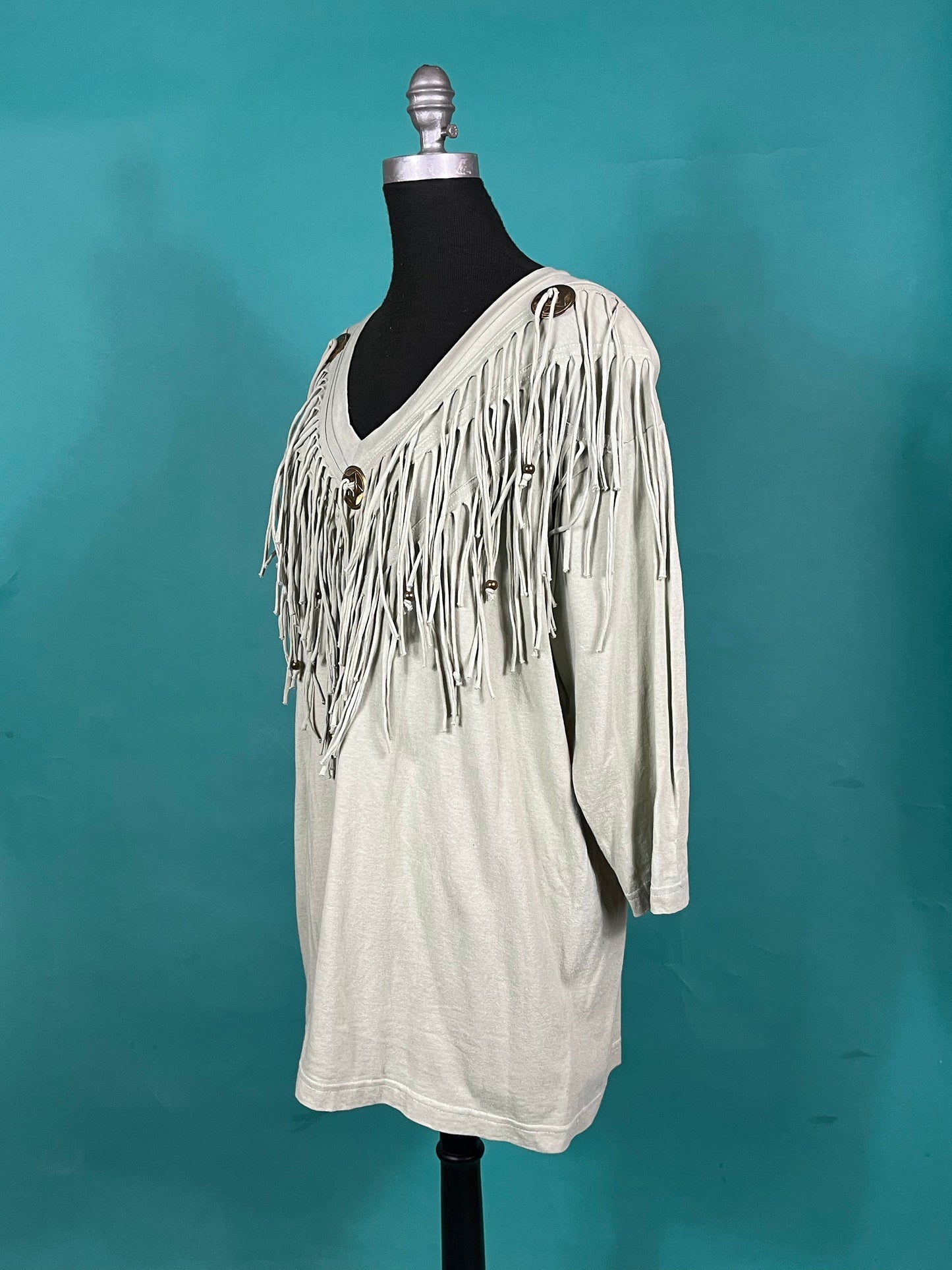 Vintage 90s Bronze Concho Pistachio Green Beaded Tassel Country Western V Neck Batwing Quarter Sleeve Top