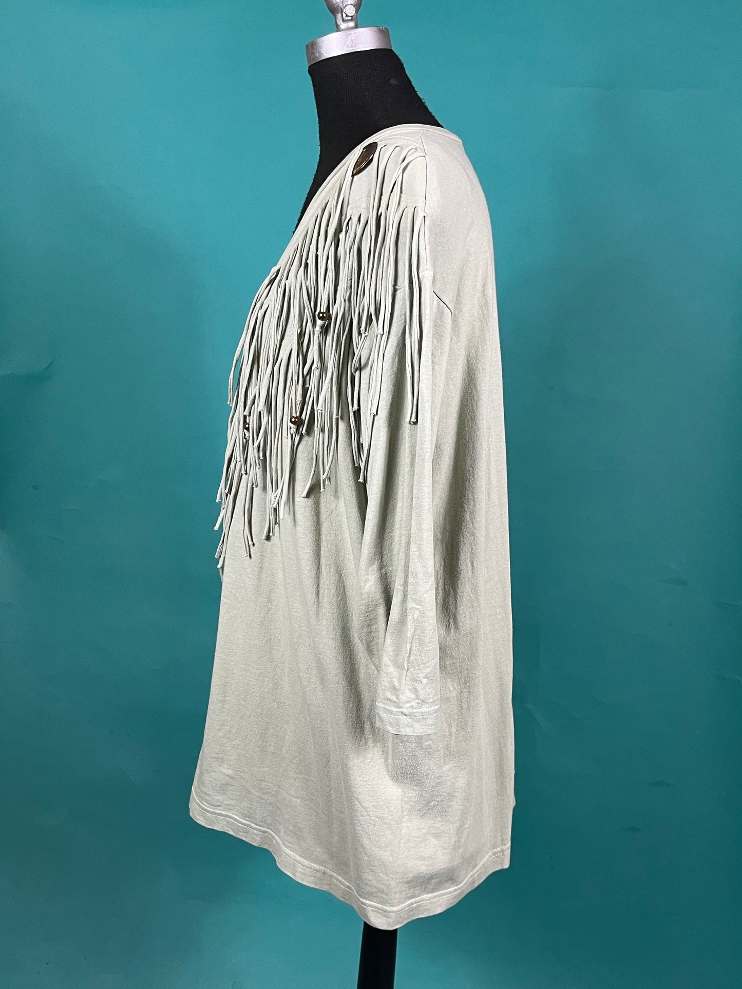 Vintage 90s Bronze Concho Pistachio Green Beaded Tassel Country Western V Neck Batwing Quarter Sleeve Top