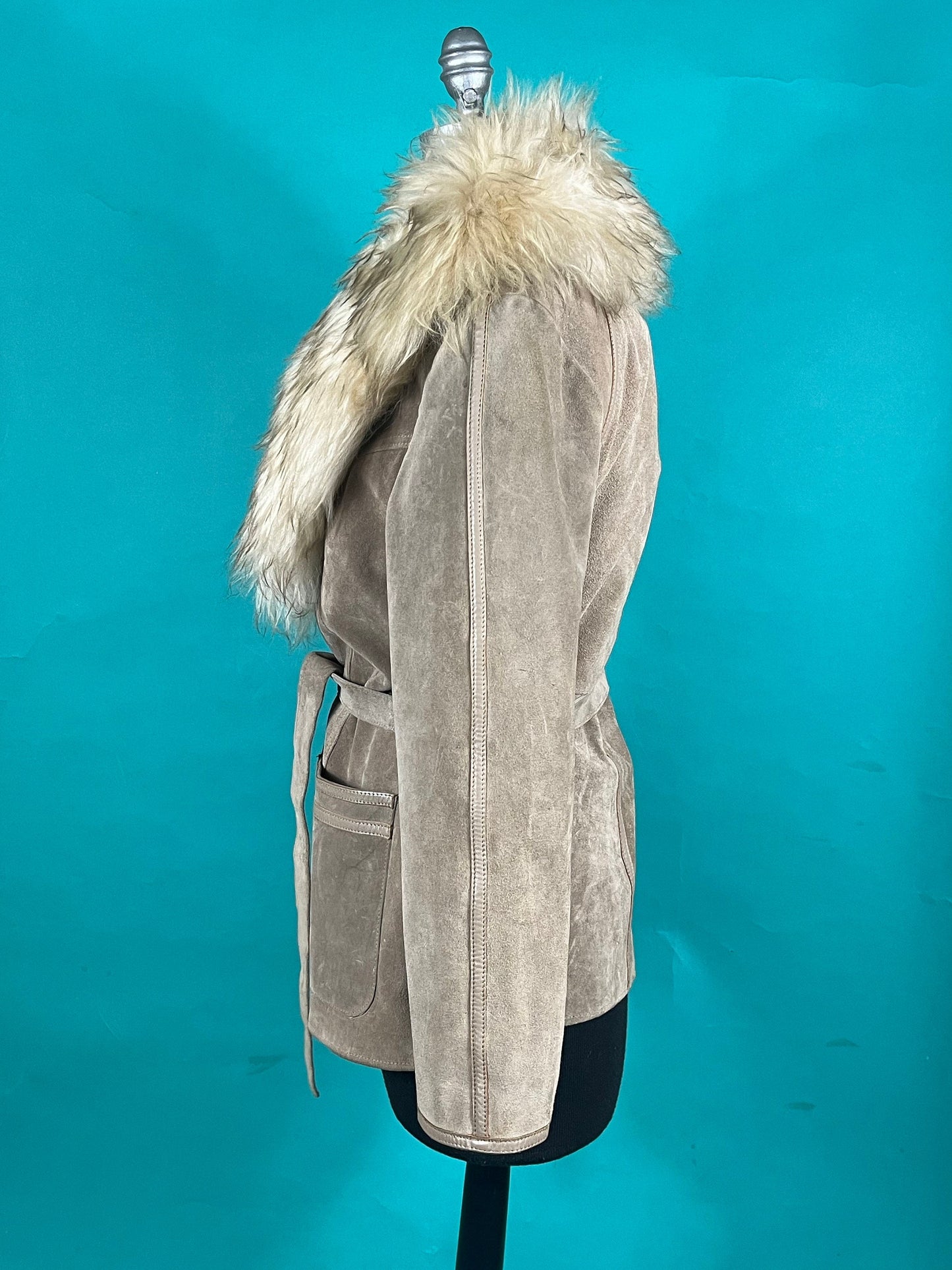 Vintage 70s UK Tan Suede and Lamb Fur Collared Pocket Belted Penny Lane Coat size Medium
