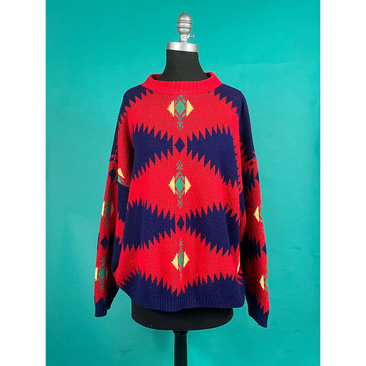Vintage 70s Southwestern Long Sleeve Bright Knit Crew Neck Pullover Sweater size Large