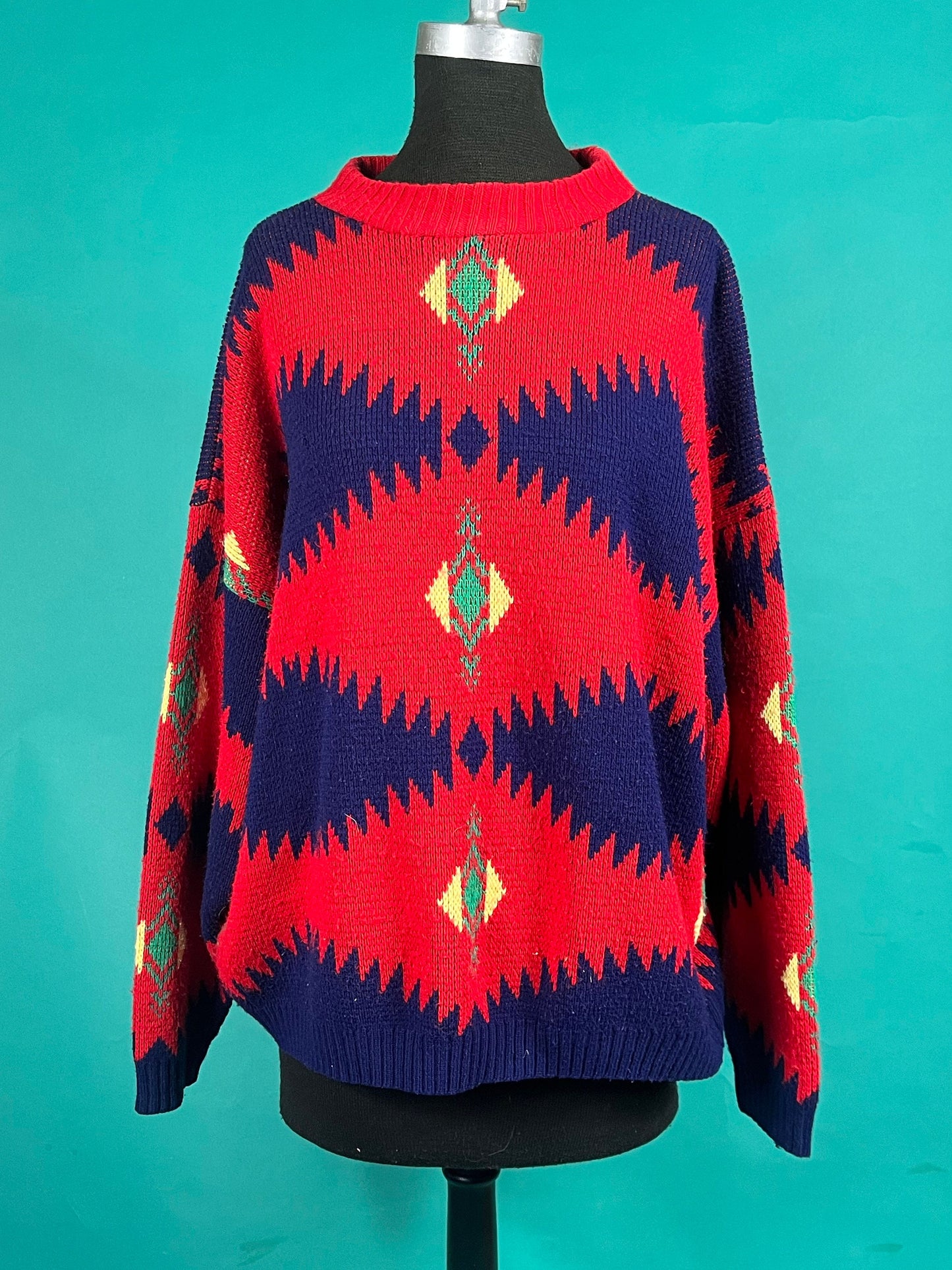 Vintage 70s Southwestern Long Sleeve Bright Knit Crew Neck Pullover Sweater size Large