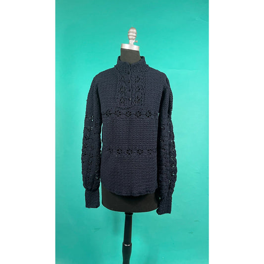 Vintage 70s Black Crochet Knit Button Up Balloon Bishop Long Sleeve Blouse size Medium Large