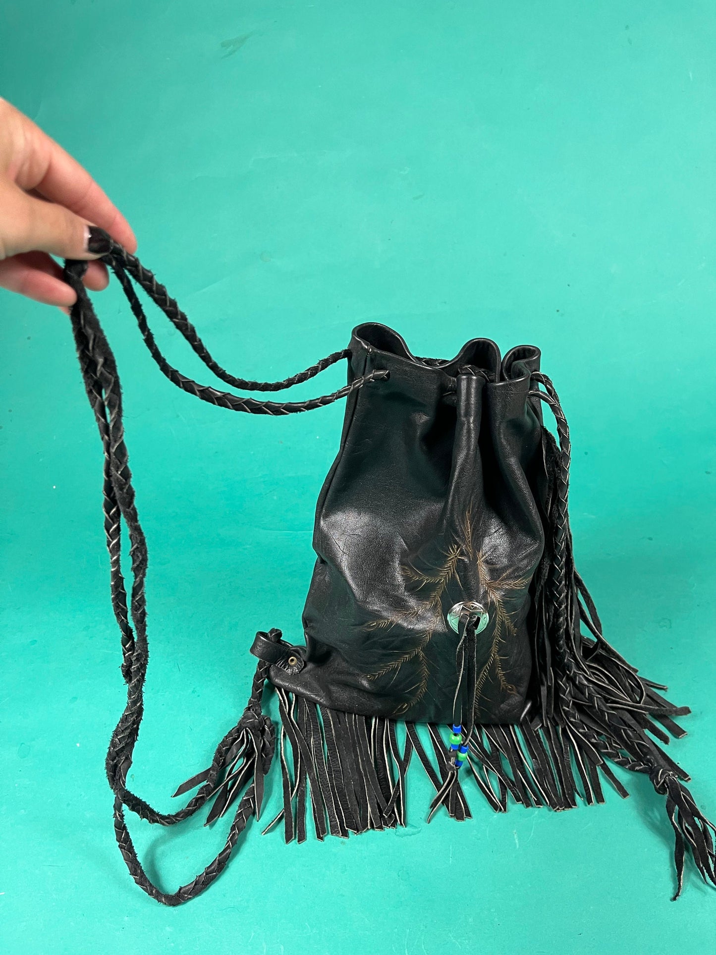 Vintage 70s Black Leather Braided Tassel Drawstring Painted Feather Concho Sidebag Purse