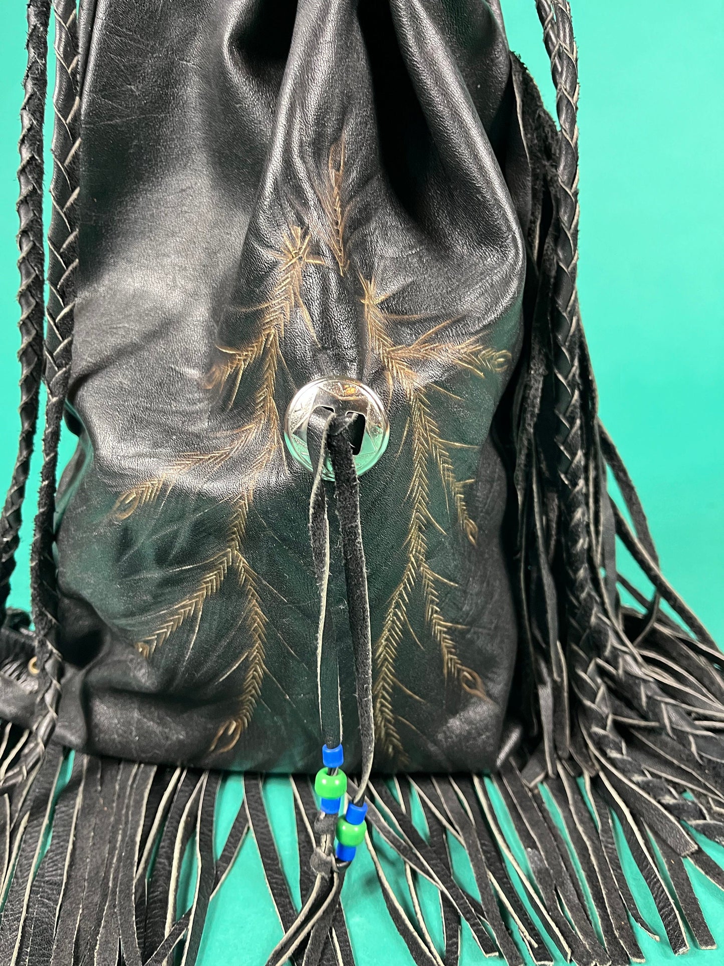 Vintage 70s Black Leather Braided Tassel Drawstring Painted Feather Concho Sidebag Purse