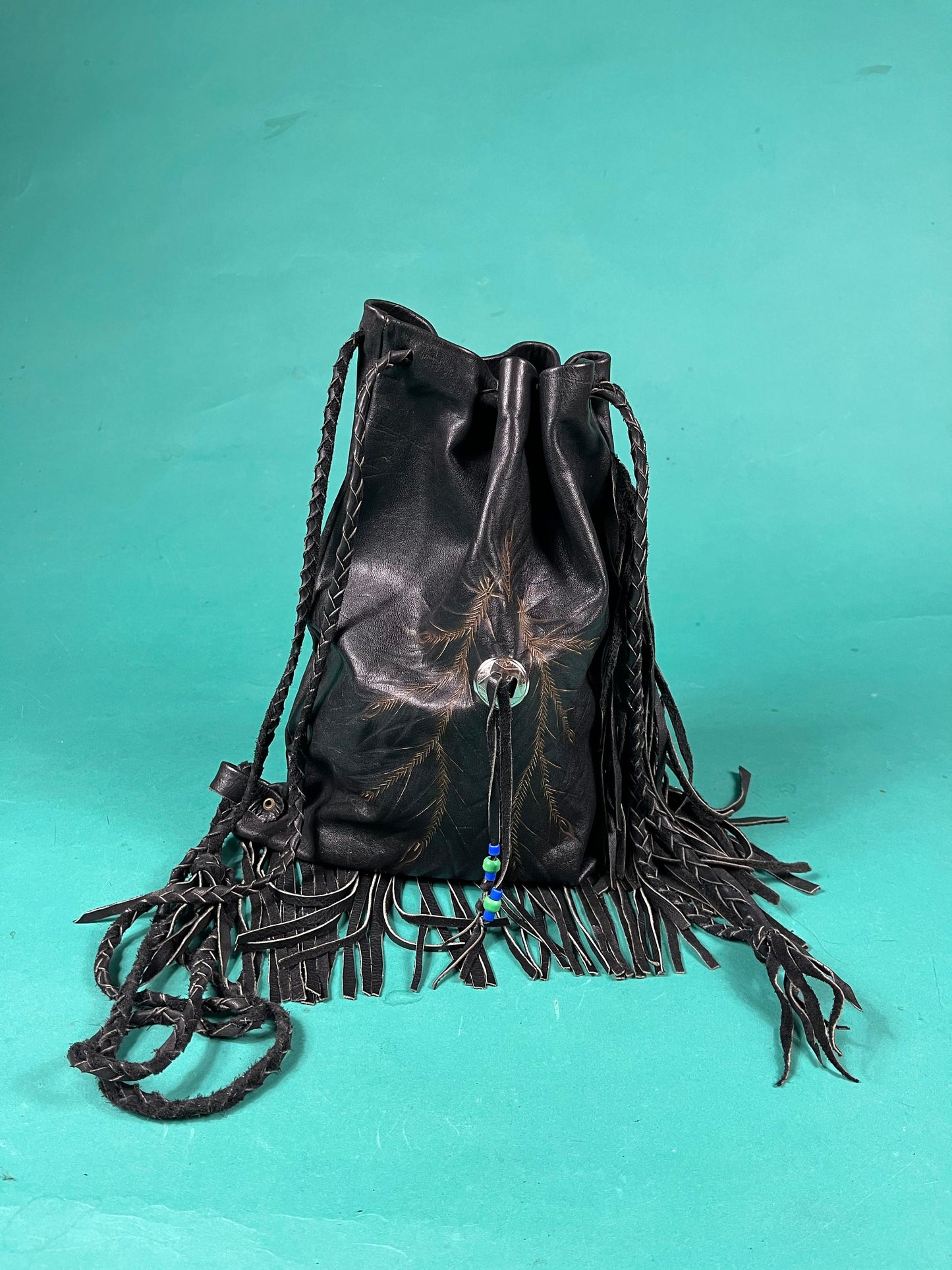 Vintage 70s Black Leather Braided Tassel Drawstring Painted Feather Concho Sidebag Purse