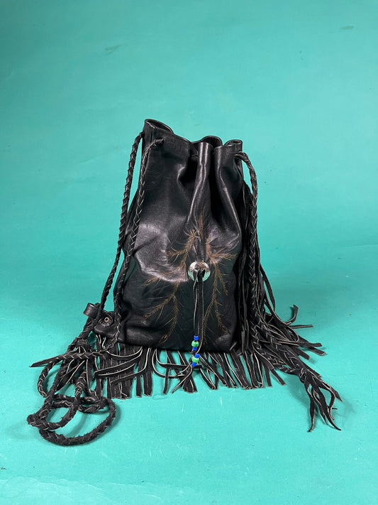 Vintage 70s Black Leather Braided Tassel Drawstring Painted Feather Concho Sidebag Purse