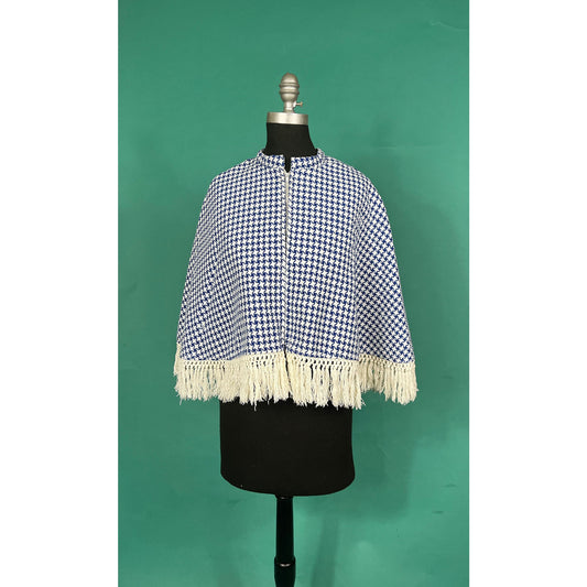 Vintage 70s Blue and White Houndstooth Tasseled Zip Up Quilted Lined Winter  Poncho Cape