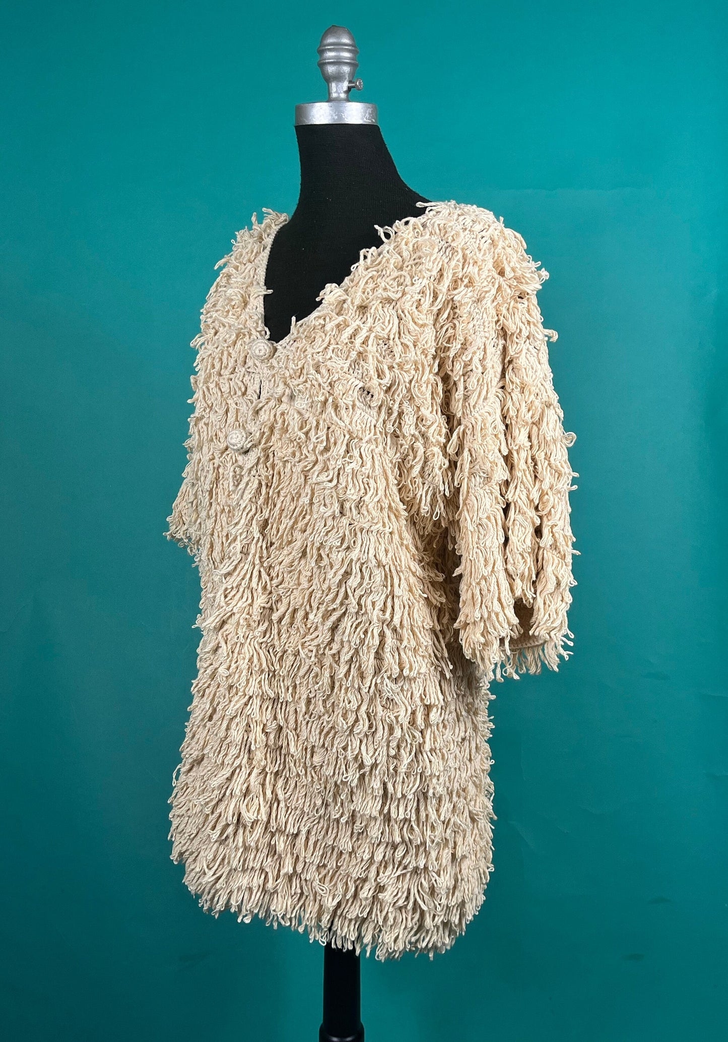 Vintage 70s Quarter Sleeve Crochet Knit Mini Shag Button Up Boho Andrea by Danimel Winter Pullover Coat Jacket size Large